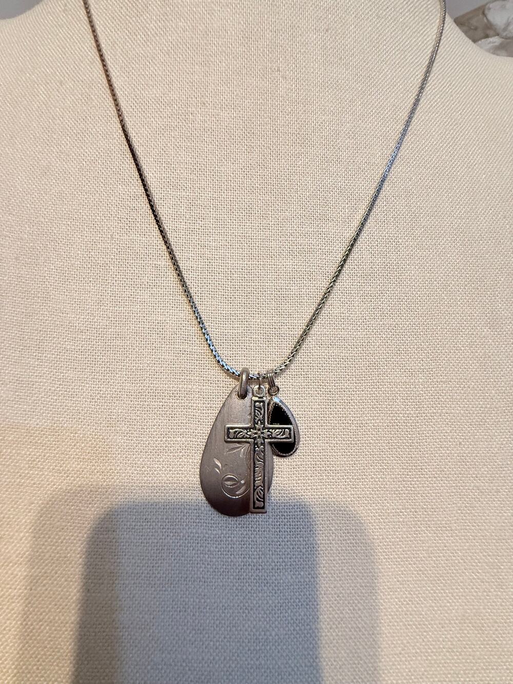 Silver Tone Cross Charm Necklace 24”